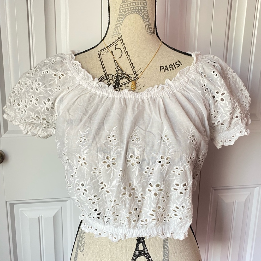 Garage White Ruched Puff Sleeve Crop Top